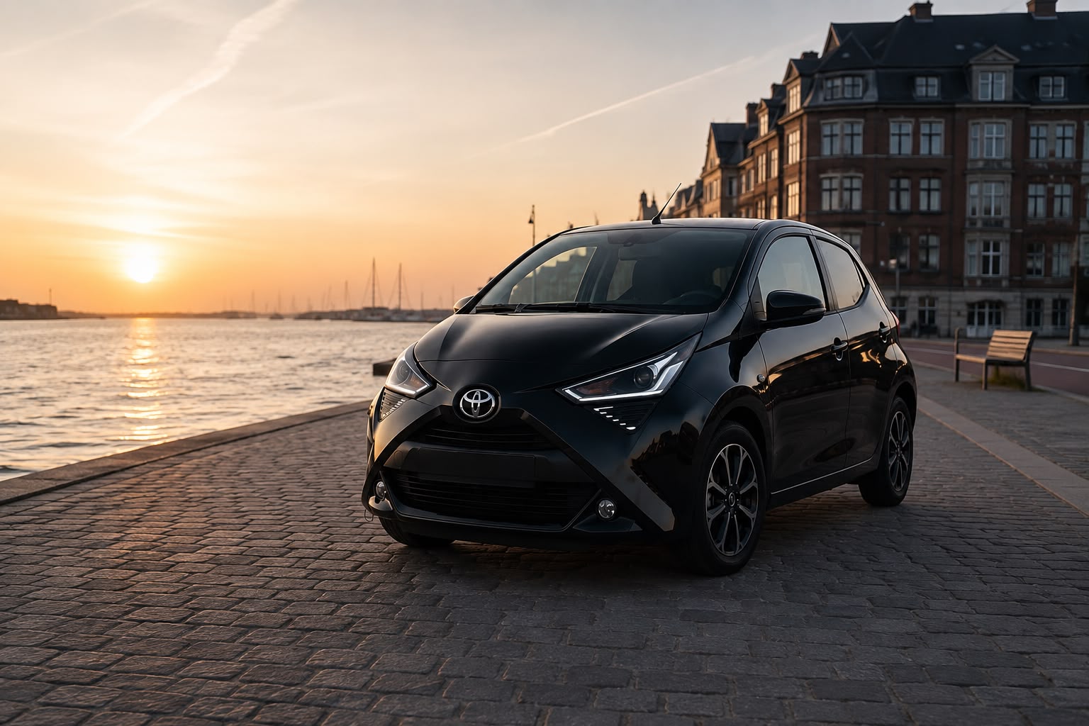 Sort Toyota Aygo parkeret ved havnen i Hellerup i solnedgang